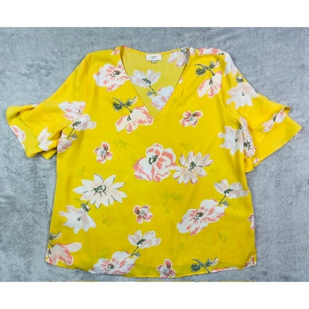 LOFT Outlet Yellow Floral V-Neck Ruffle Short Sleeve Blouse Top Women's Size XL